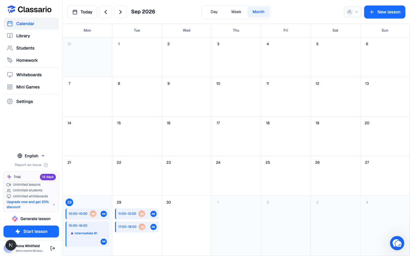 A month of lessons in the Classario calendar
