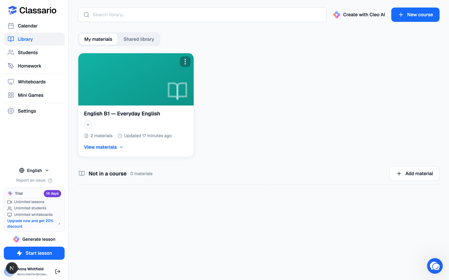 The Library with one course card and the New course and Create with Cleo AI buttons