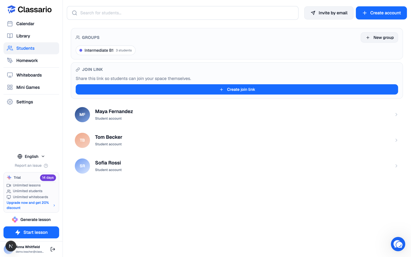 The Students page with the join link, groups and the student list