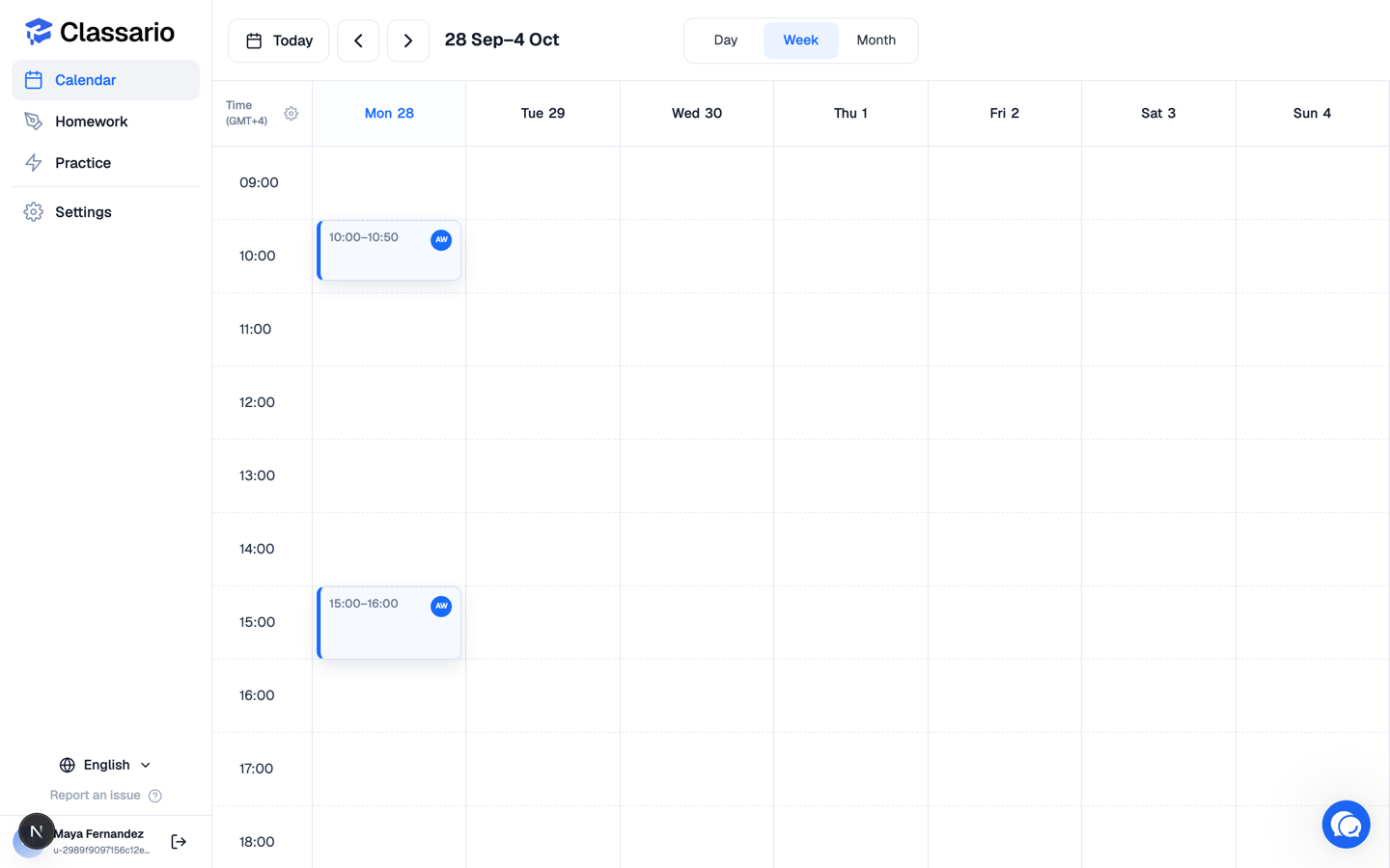 A student's calendar, with a much shorter sidebar than a teacher's