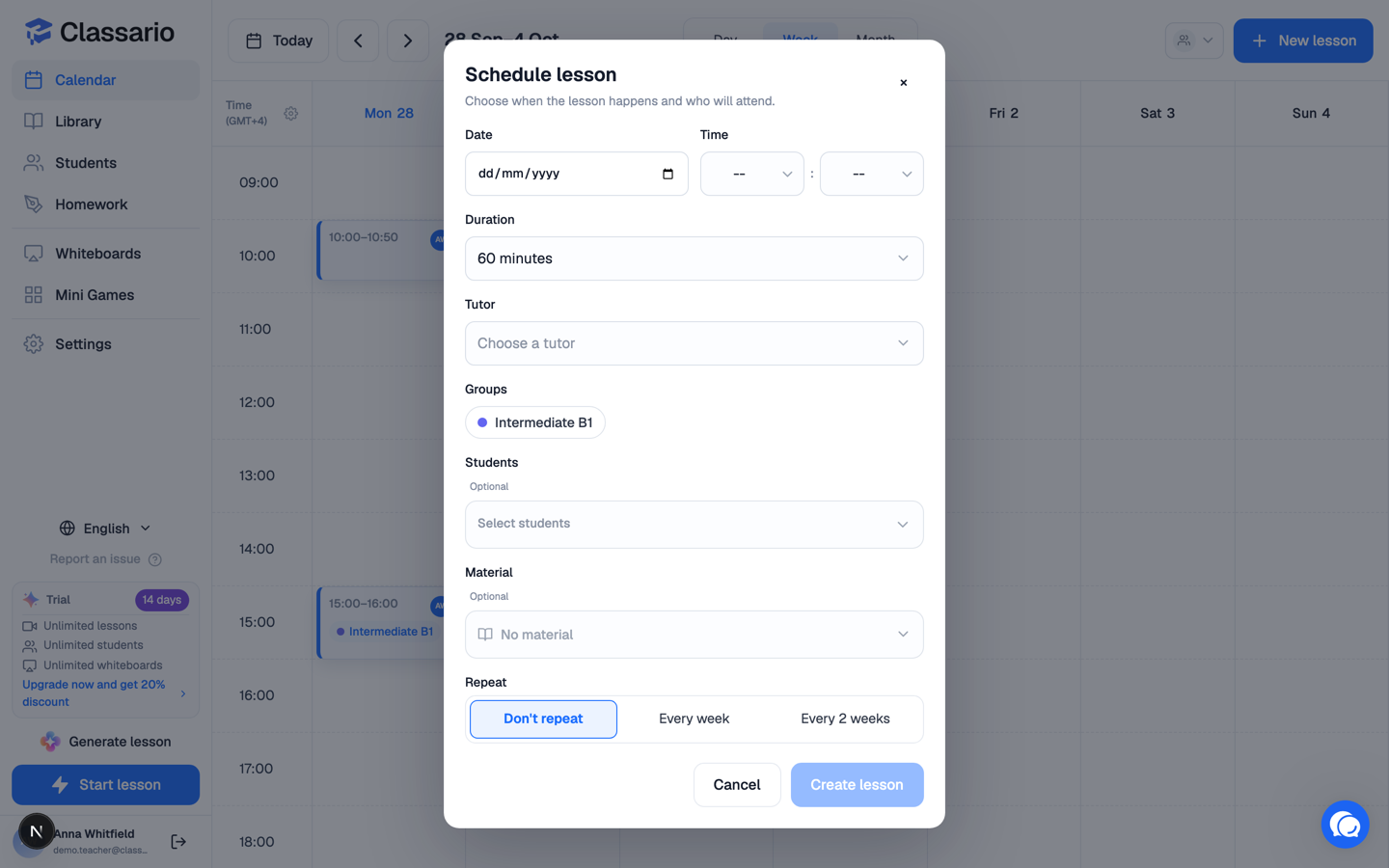 The Schedule lesson dialog