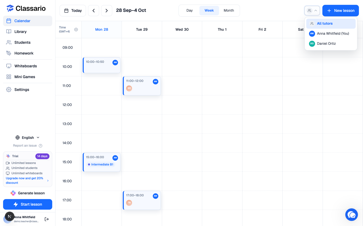 The tutor filter open on the calendar