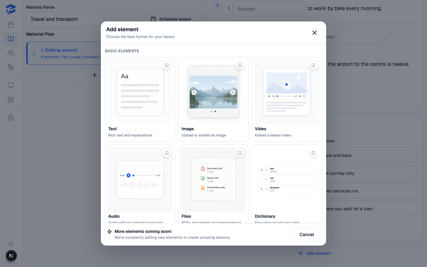 The Add element picker showing basic element types