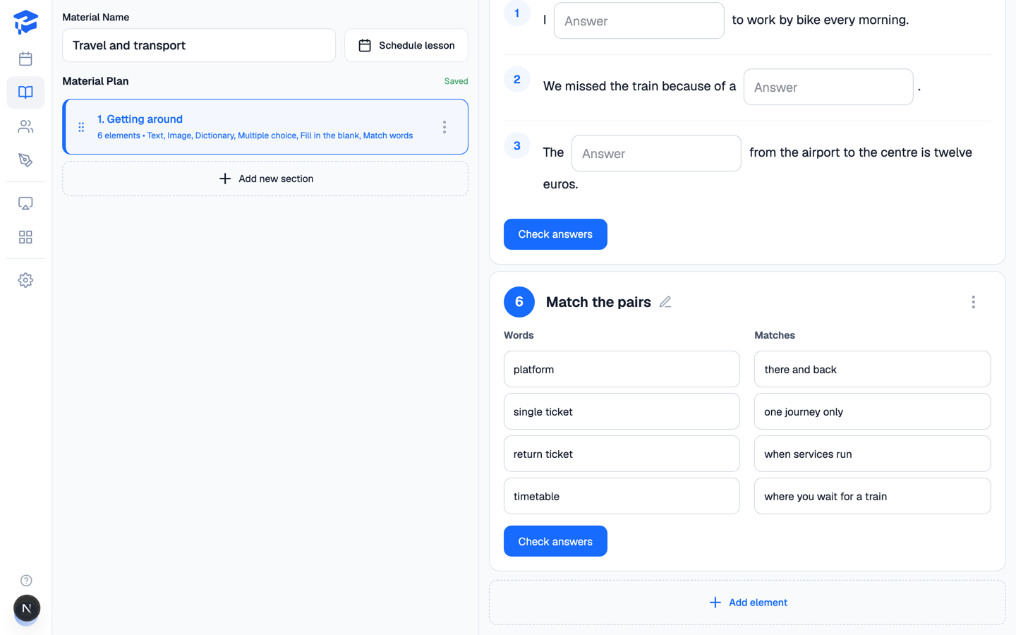 Fill in the blank and Match words exercises in the editor