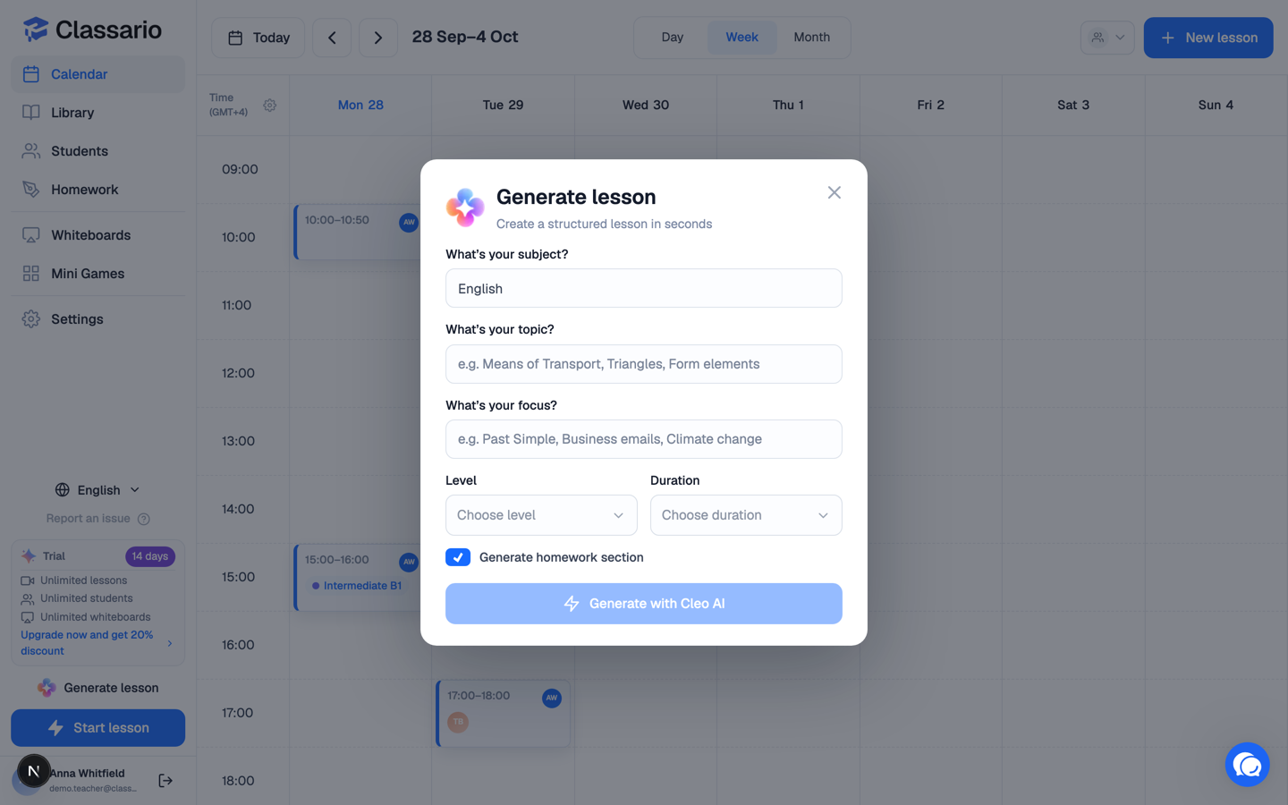 The Generate lesson dialog asking for subject, topic, focus, level and duration