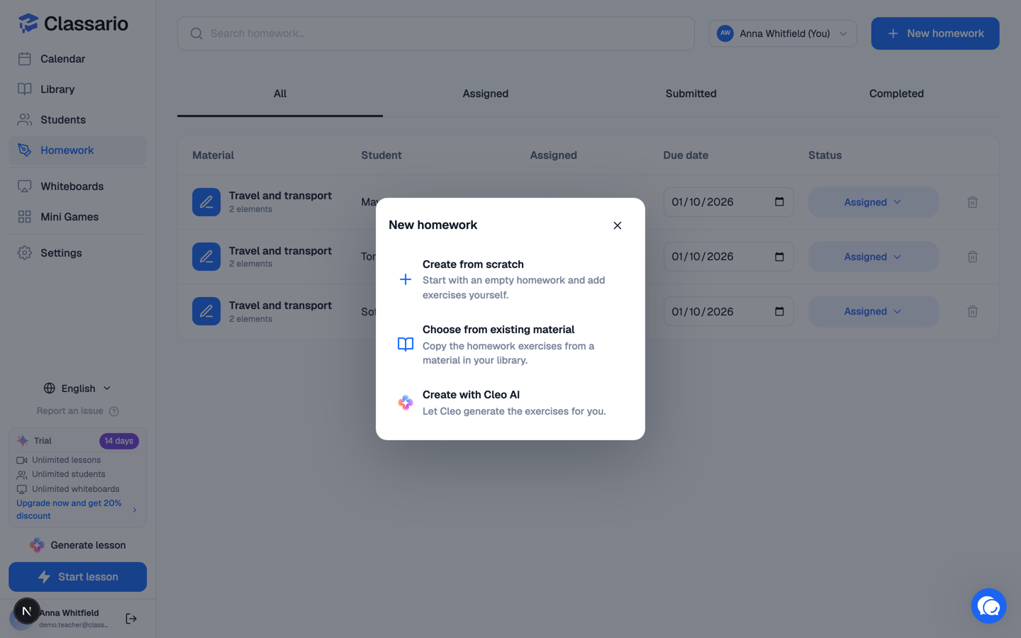 The New homework dialog offering create from scratch, from an existing material, or with Cleo AI