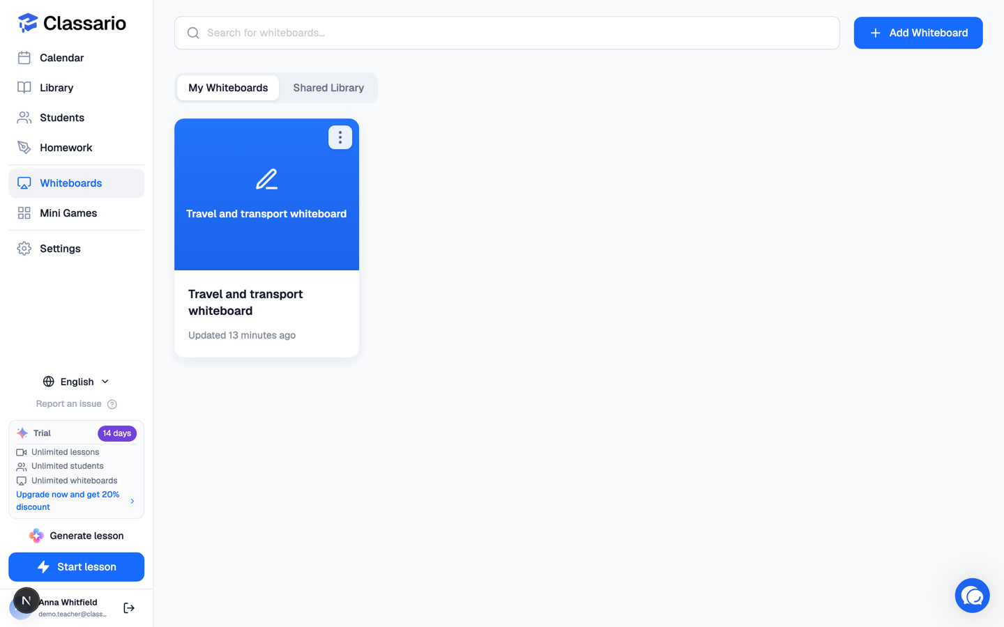 The Whiteboards page listing saved boards