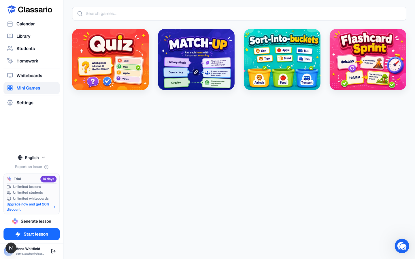 The Mini Games page with the four available games