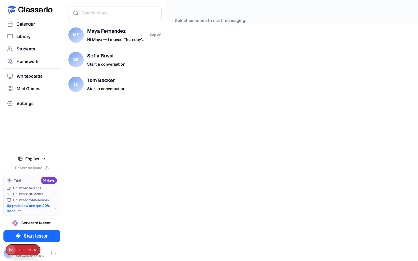 The Messages page with a conversation list and a thread