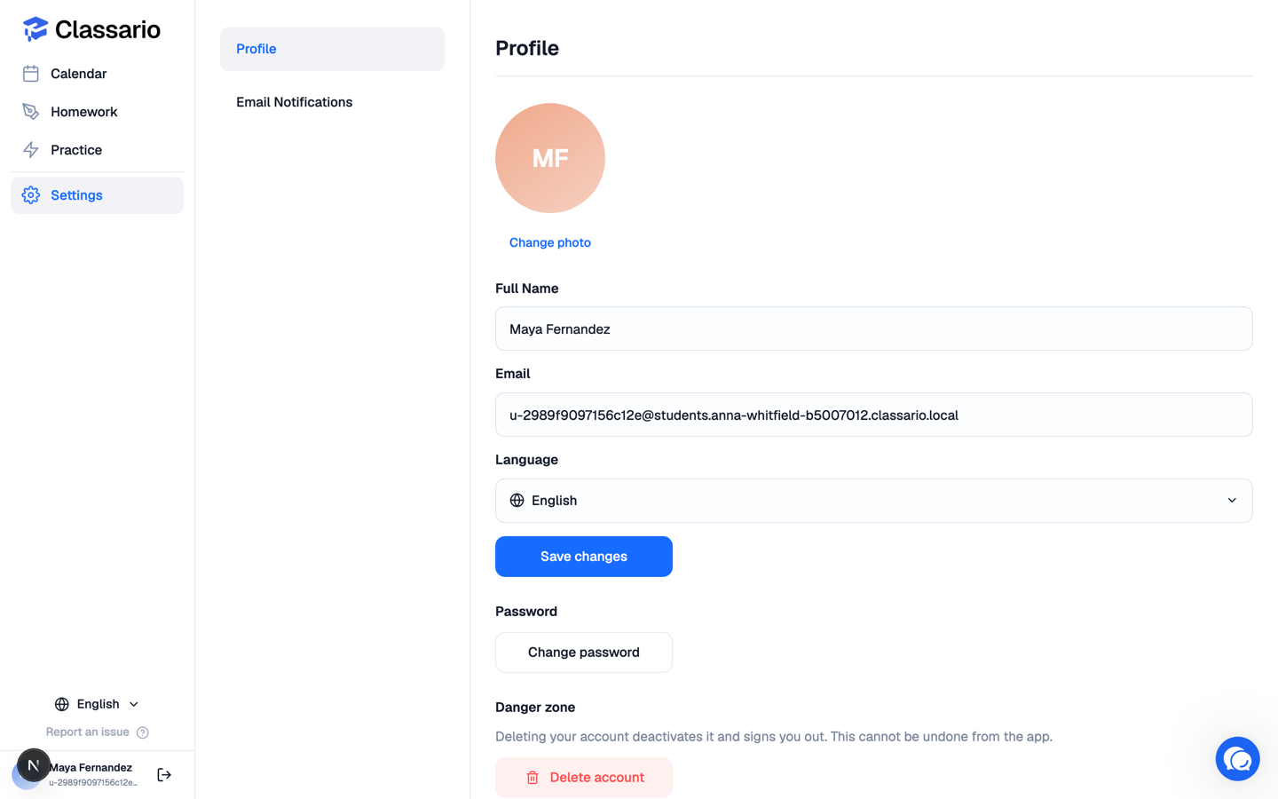A student's settings page with profile options