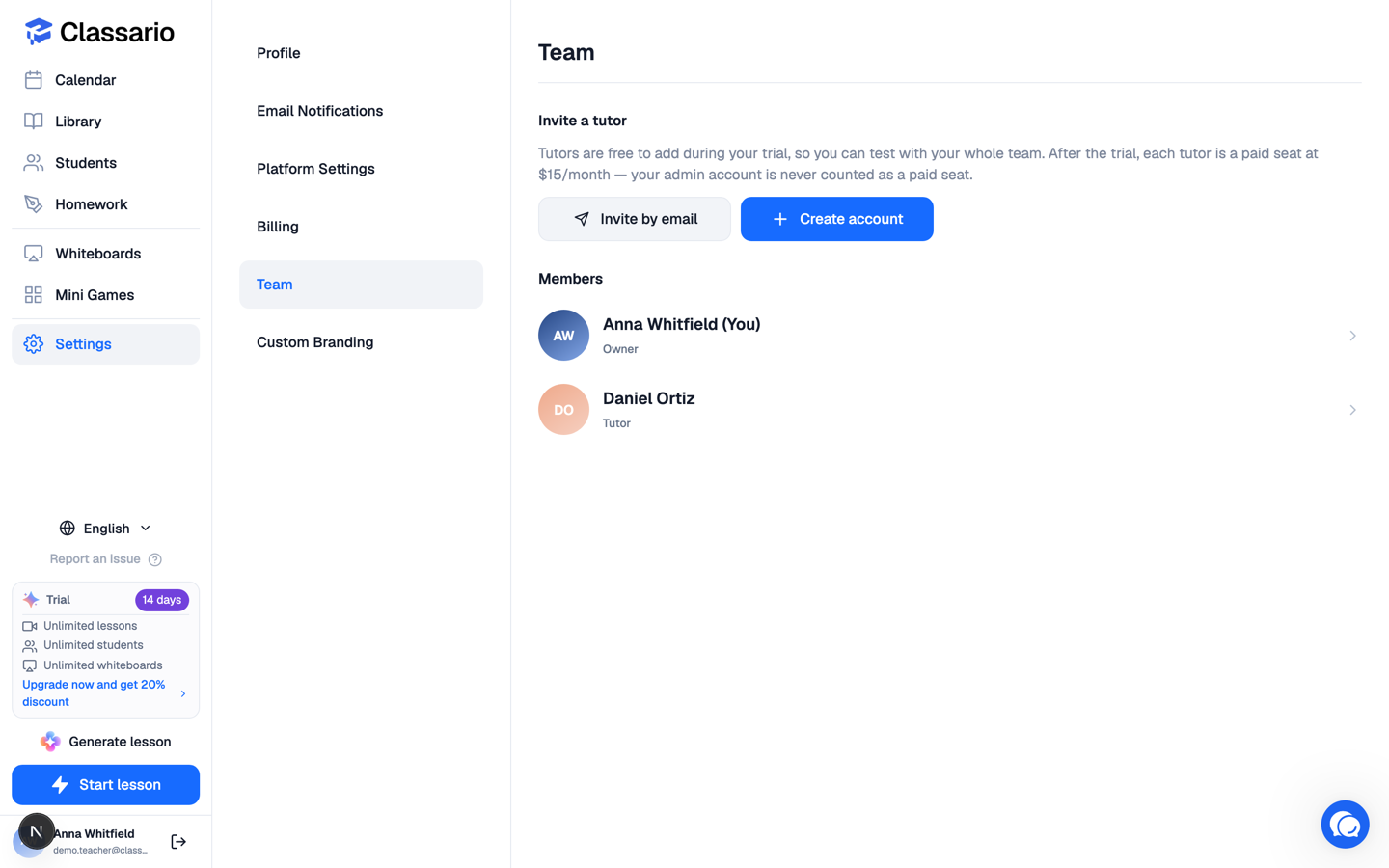 Settings โ Team, with Invite by email, Create account and the member list