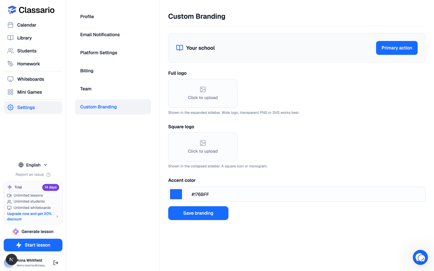 The Custom Branding settings with logo uploads and an accent colour