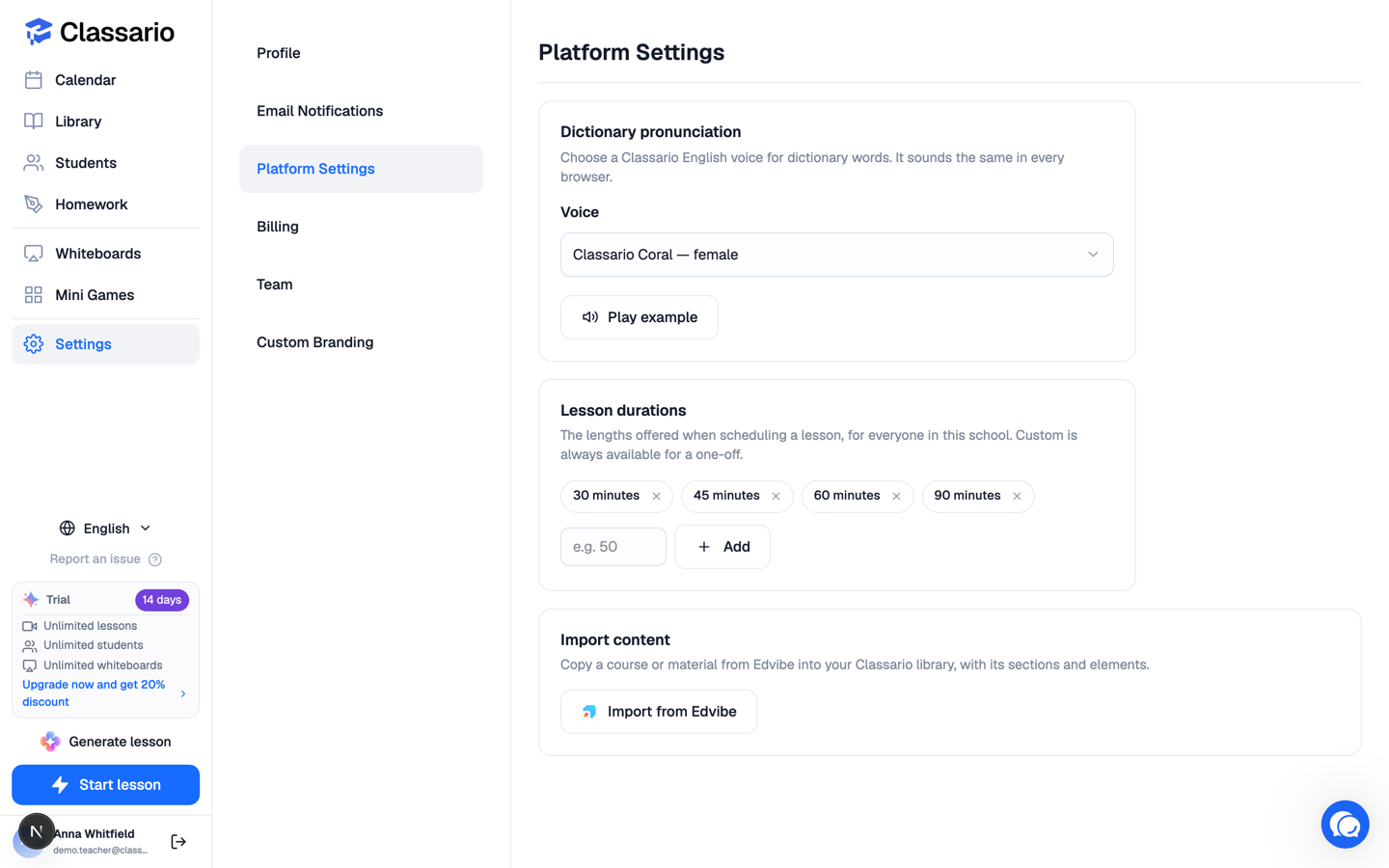 Platform Settings with dictionary pronunciation, lesson durations and content import