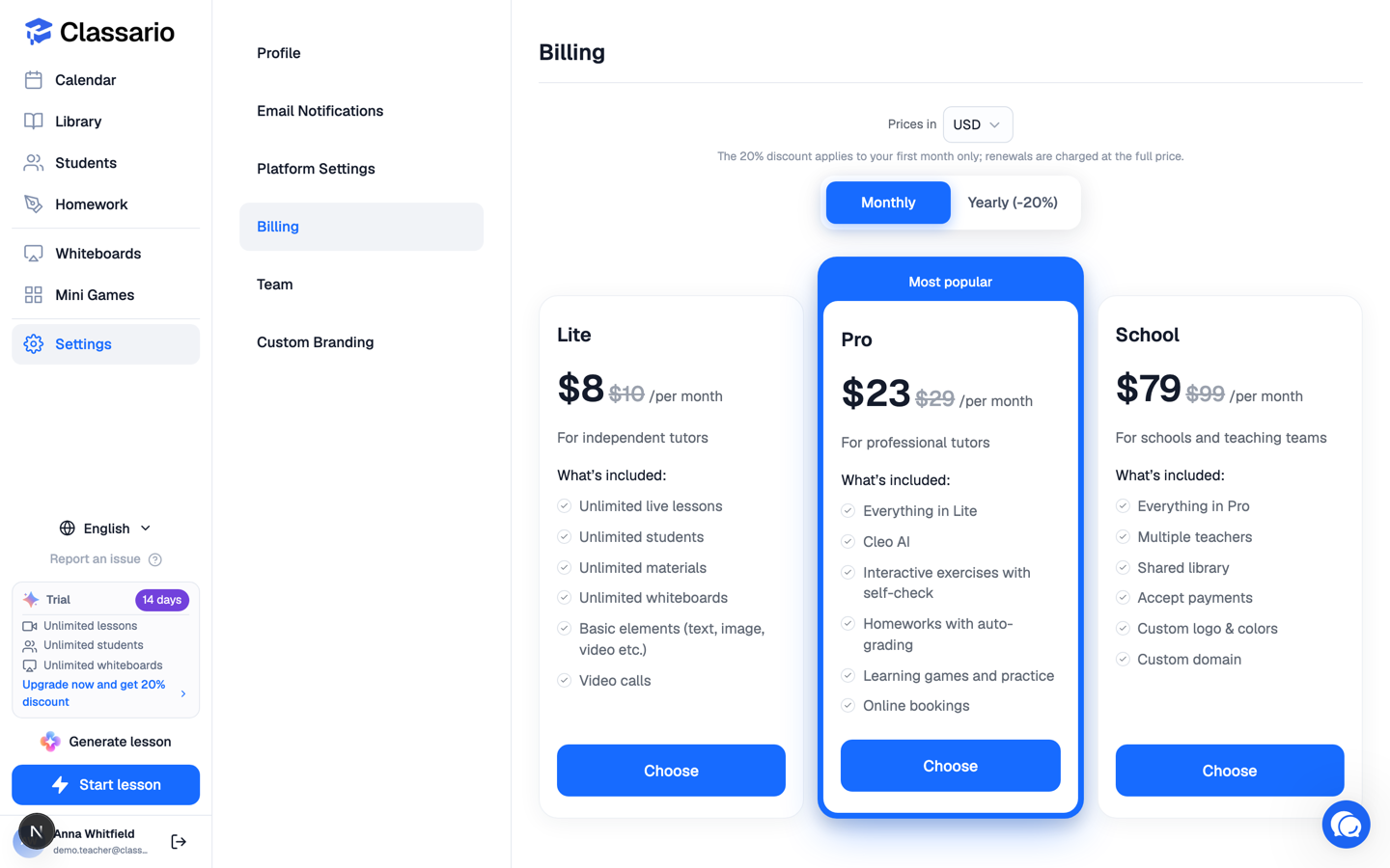 Settings โ Billing showing the three plans with monthly and yearly prices