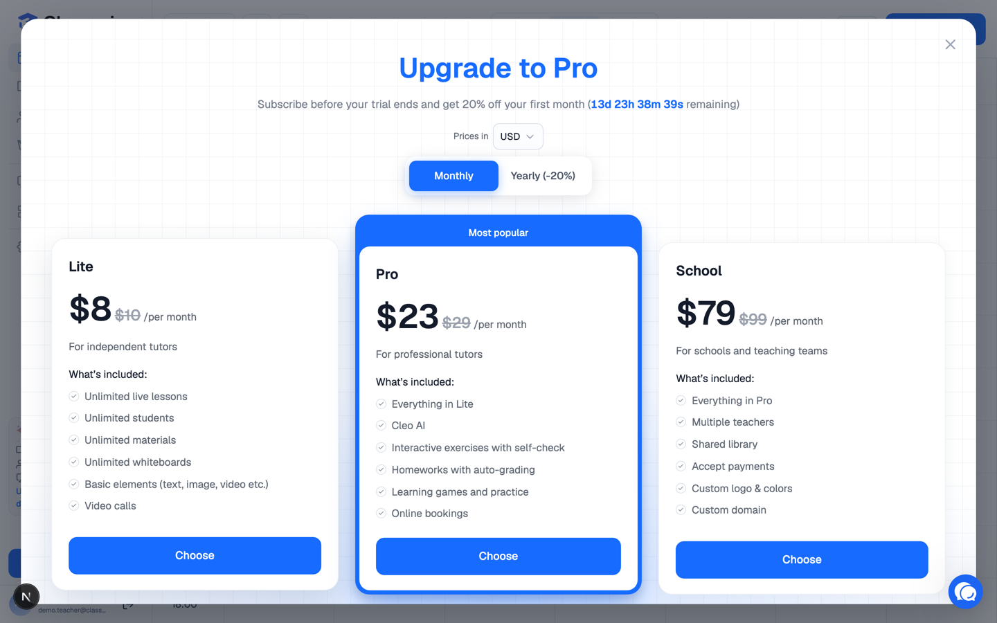 The upgrade dialog showing plans with the trial discount applied