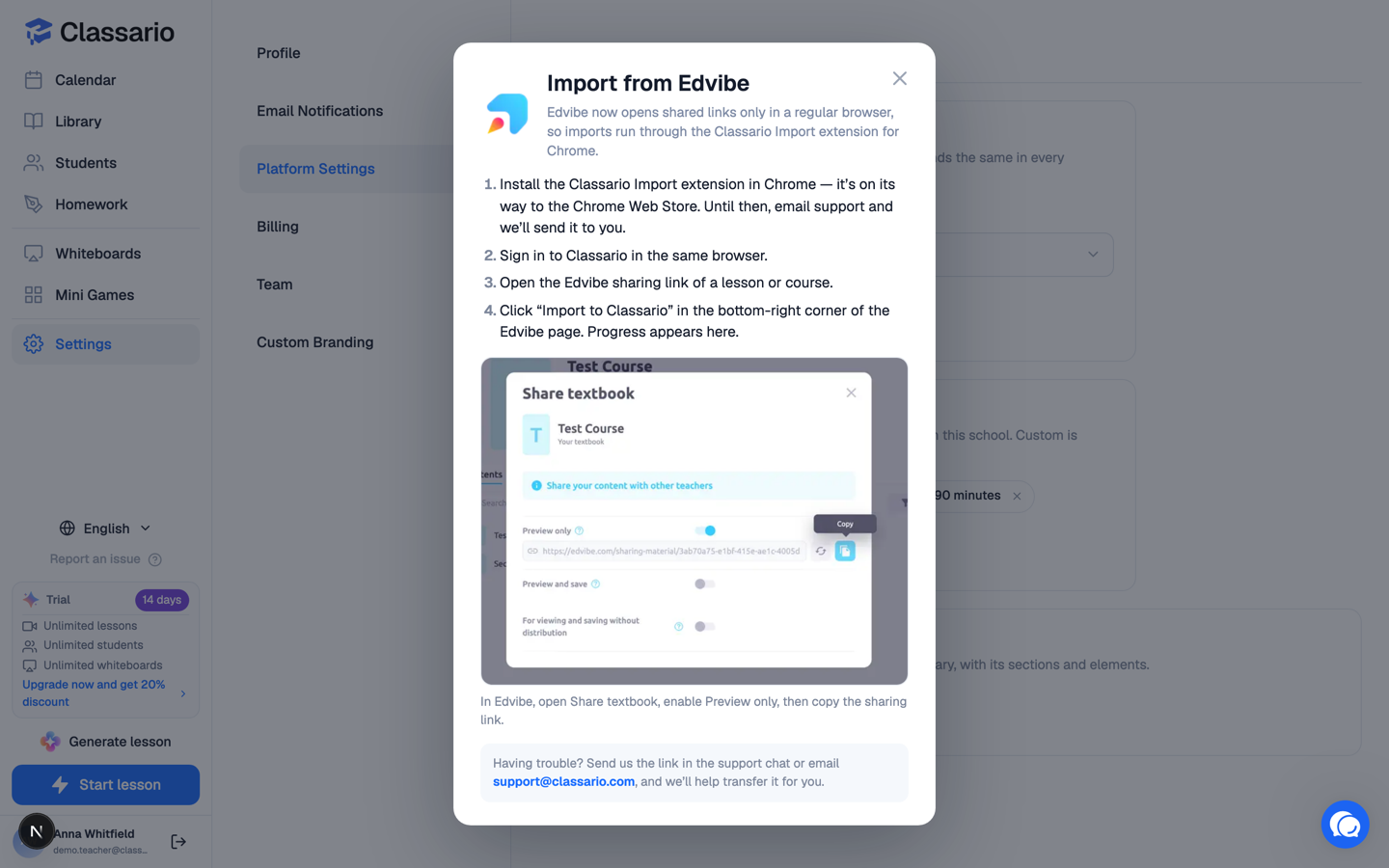 The Import from Edvibe dialog
