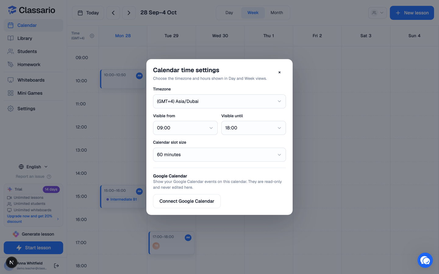 Calendar time settings, including the Google Calendar section